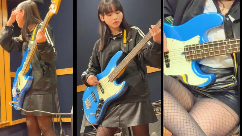 花鳥斗架 とうか oshi017 サンプル画像1 バンドスタジオで青いベースを演奏